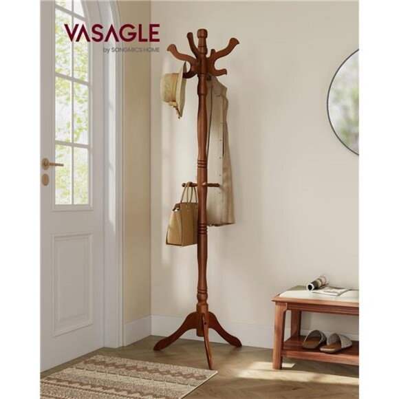 Coat Stand, Solid Wood Freestanding Coat Rack with 11 Hooks, Hall Tree - Picture 2 of 7